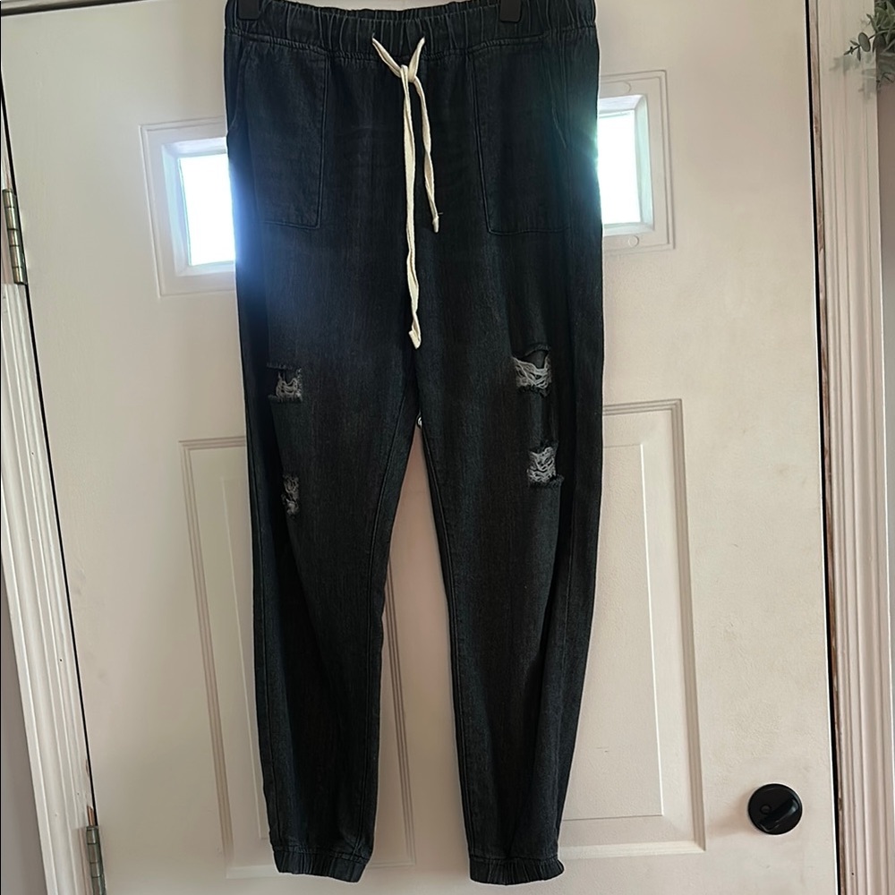 Black Denim Distressed Jogger Pants